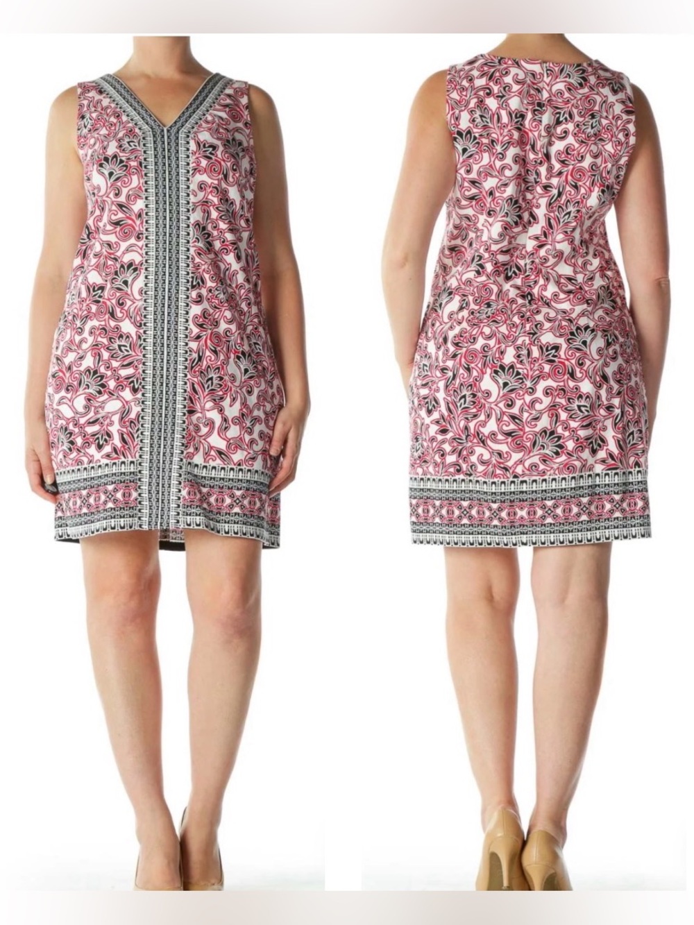 London Times Black Red Floral Scroll V-neck Sleeveless Shift Sheath Dress Size 6